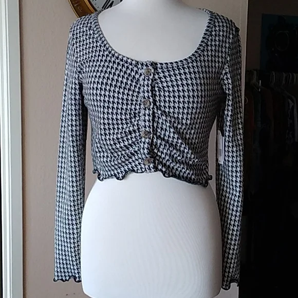 SALE$ NWT Y2K Houndstooth Button Crop Top L - Picture 1 of 8